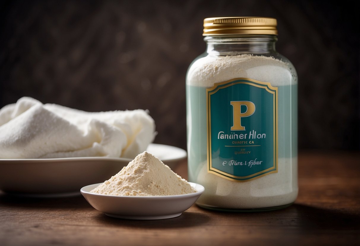 A vintage jar of flour sits next to a modern shampoo bottle. A question mark hovers above, symbolizing the debate between traditional hair care methods and modern marketing tactics