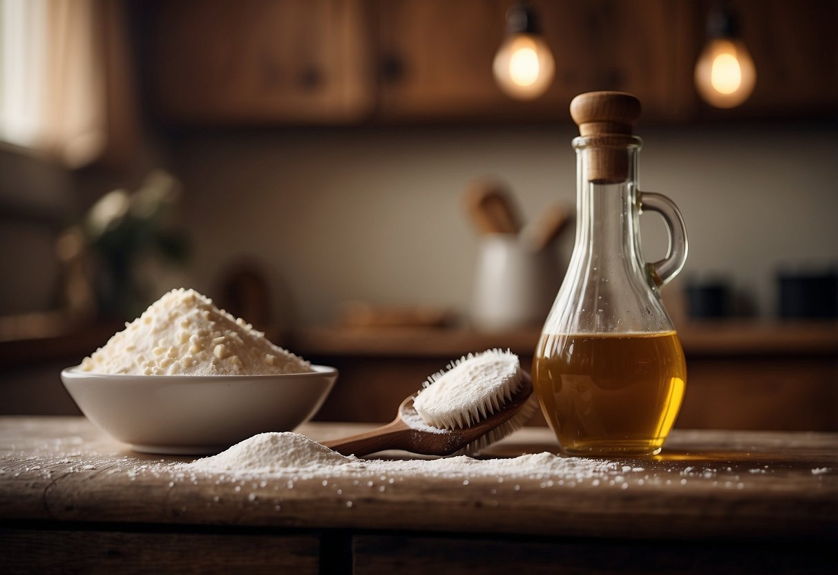 A grandmother's kitchen with flour scattered on the table and a bottle of oil next to a hairbrush. A sense of history and tradition in the air