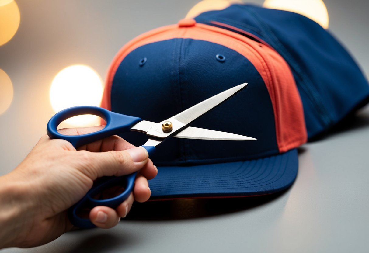 A hand holding a pair of scissors cuts through a baseball cap, creating a unique and artistic design