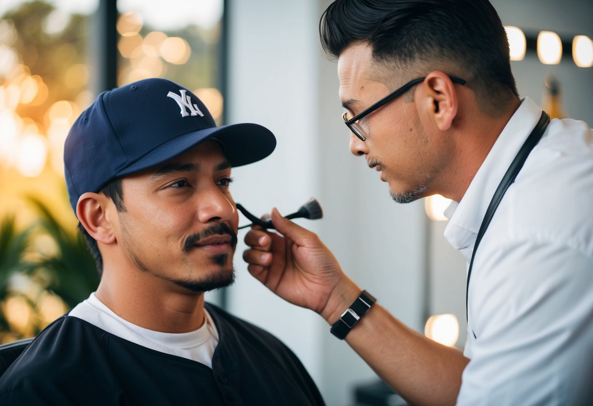 A person wearing a baseball cap receiving daily care and tips from a professional