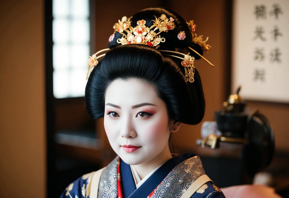 A traditional Japanese hairstyling scene with a geisha's ornate hair accessories and intricate updo