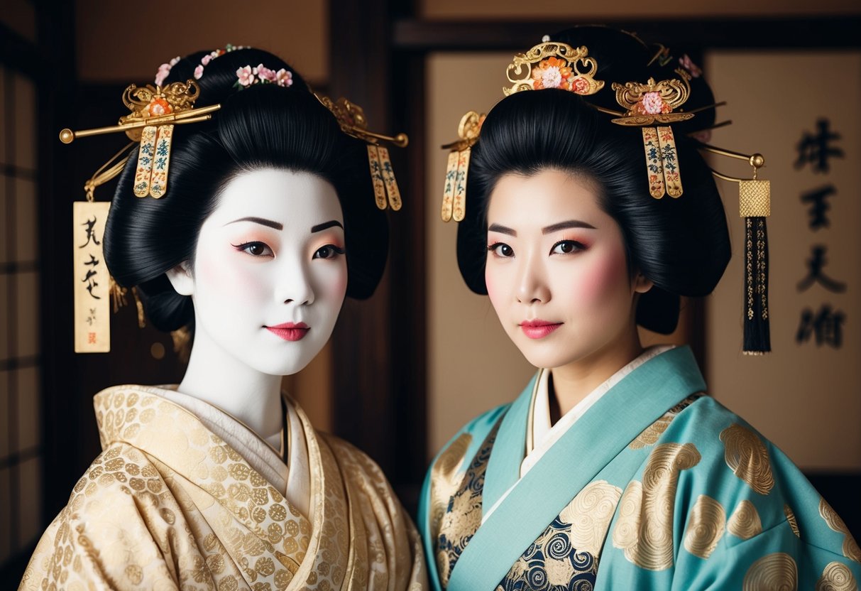 A geisha and samurai hairstyle icons in a traditional Japanese setting with ornate hair accessories and intricate hairstyles