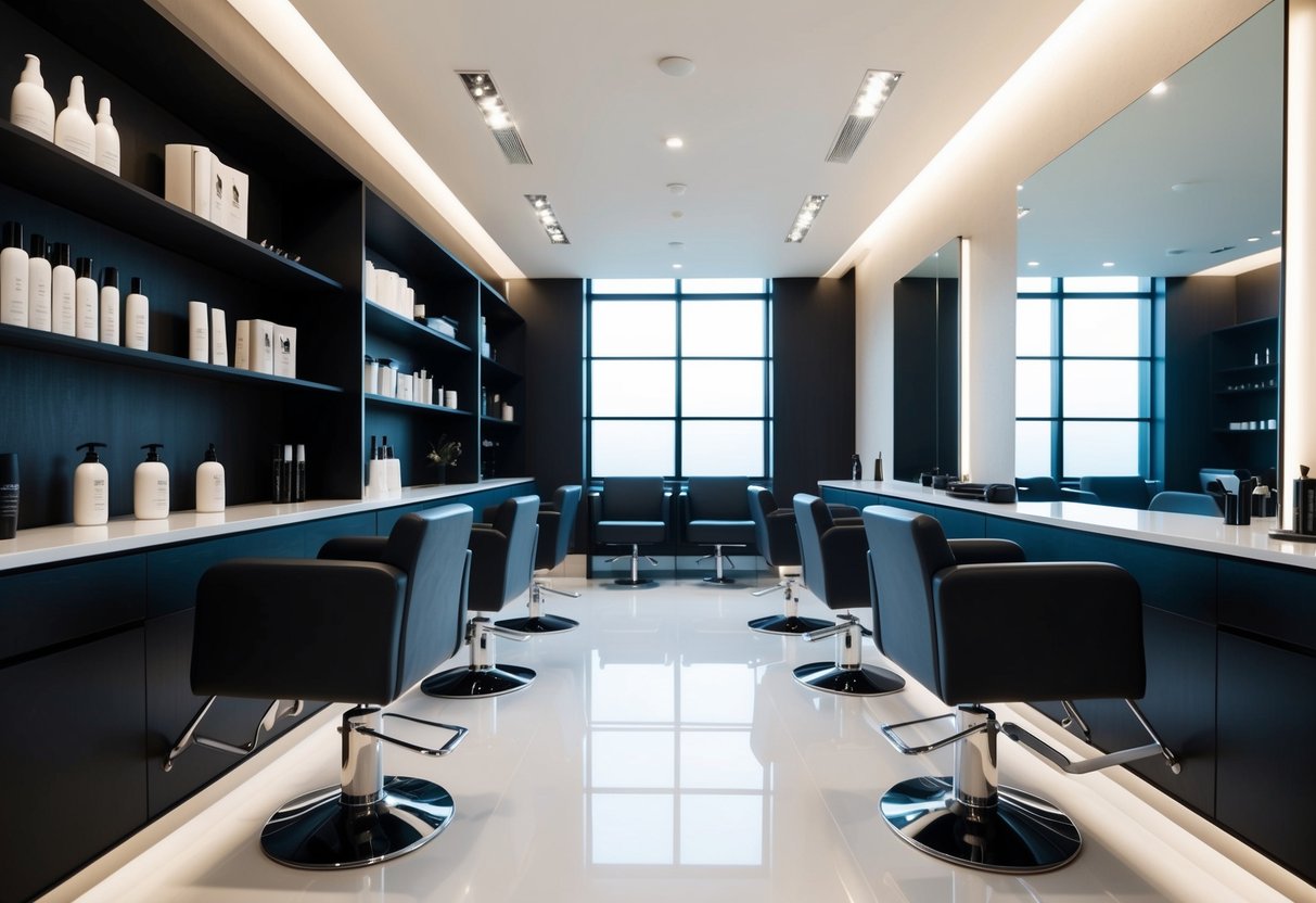 A modern Japanese hair salon with sleek, minimalist decor. Stylish hair products and tools neatly arranged on shelves. Soft lighting and comfortable seating for clients