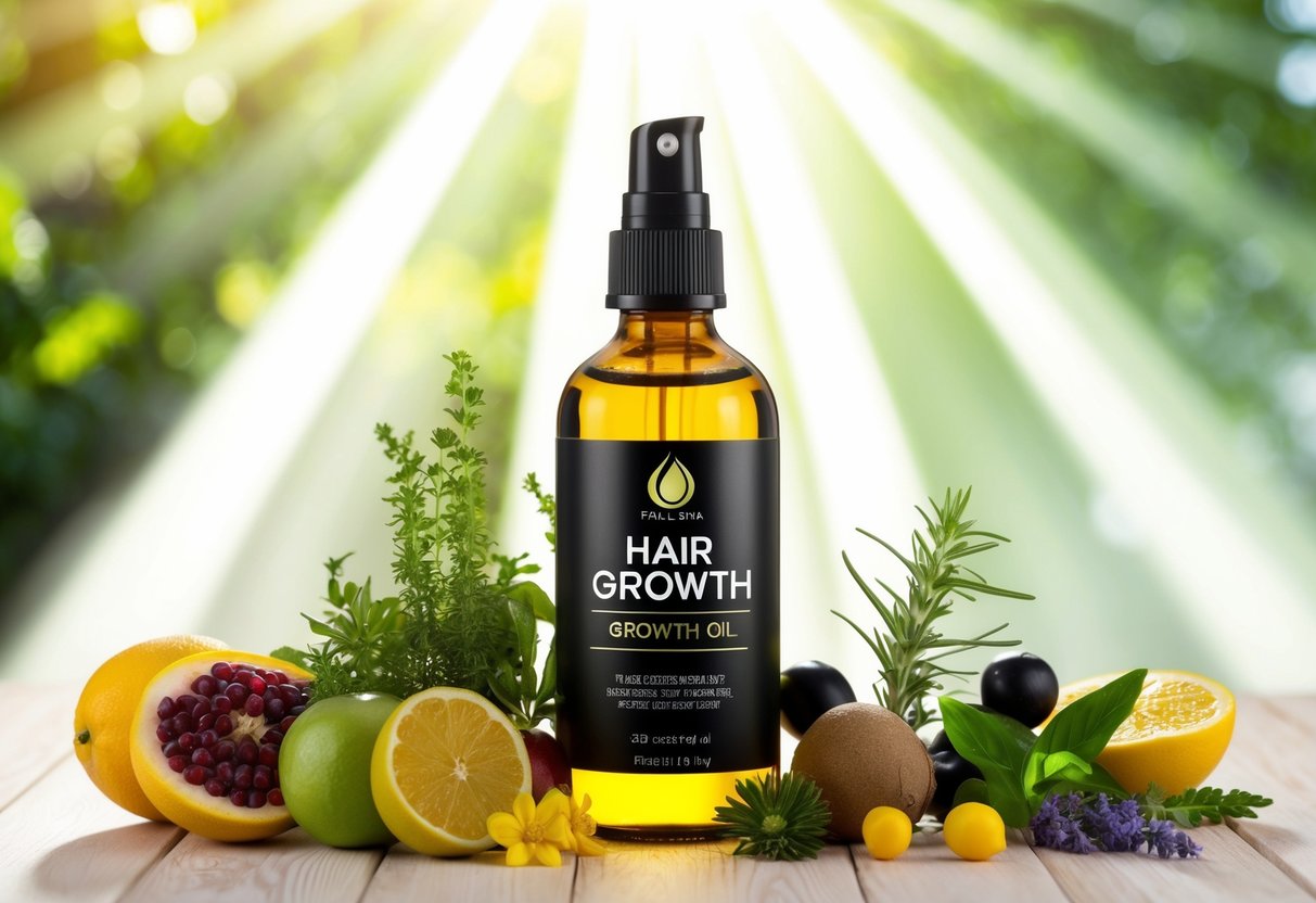 A bottle of hair growth oil surrounded by various natural ingredients like herbs, fruits, and flowers, with rays of sunlight streaming in