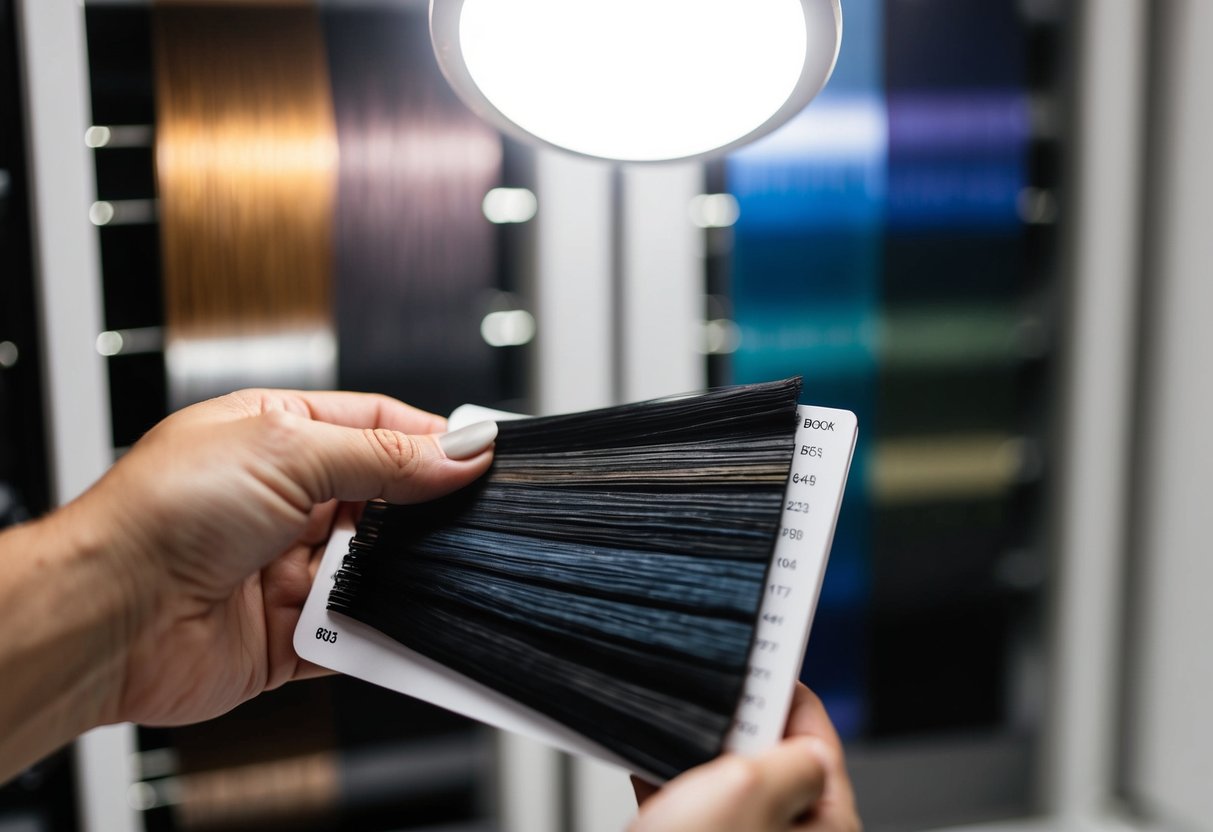 A hand holding a color swatch book with various shades of black hair dye being examined under a bright light