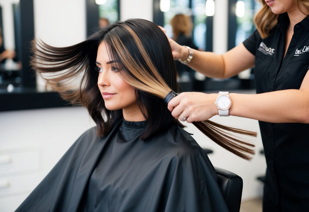 A brunette with black hair sits in a salon chair as a stylist uses a sweeping motion to apply highlights to her hair