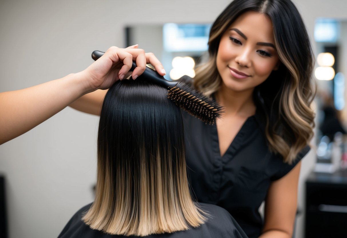 A stylist carefully brushes through black hair, adding subtle highlights to create a beautiful balayage effect