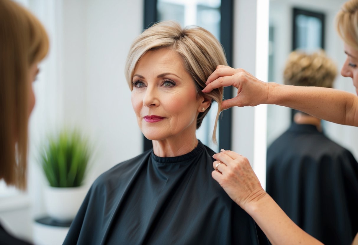 A 50-year-old woman with a short haircut is choosing the right texture and volume for her hair. The scene should depict her considering different hair options