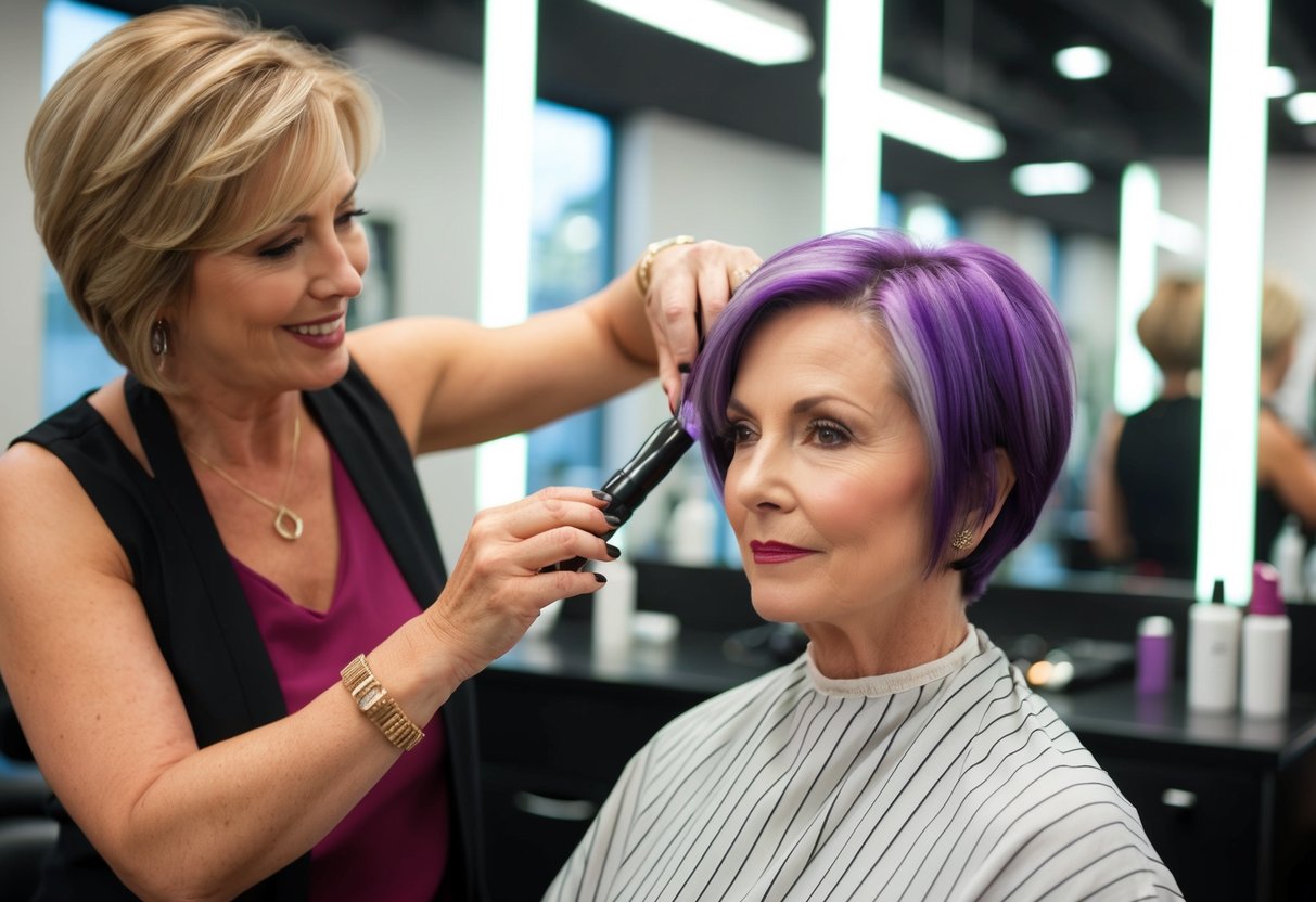 A woman in her 50s with a short haircut is getting her hair styled with trendy colors at a salon. The stylist is carefully applying the color, creating a vibrant and modern look