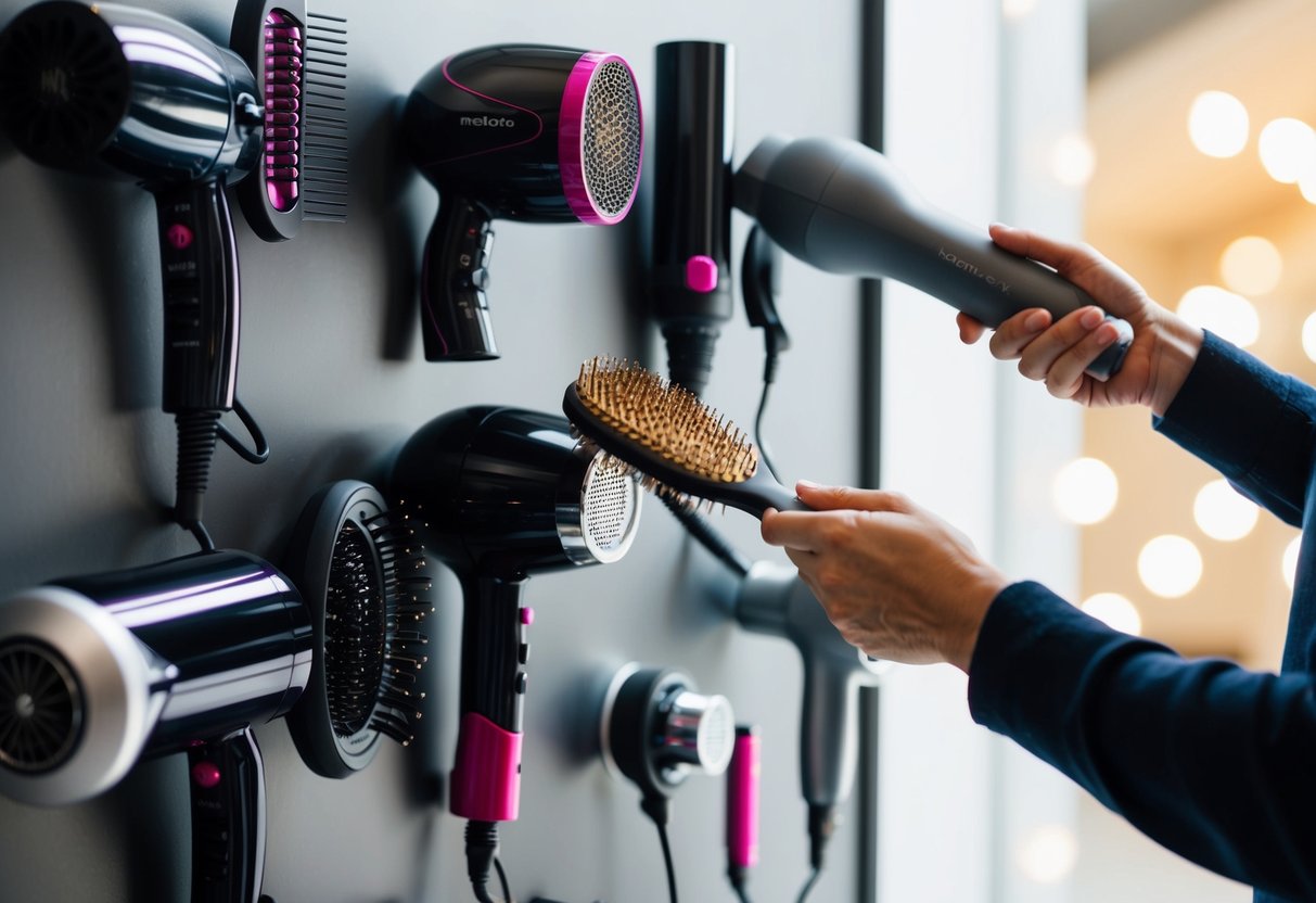 A variety of hair dryers and accessories displayed on a shelf, with different settings and attachments. A person holding a hairbrush and examining the options