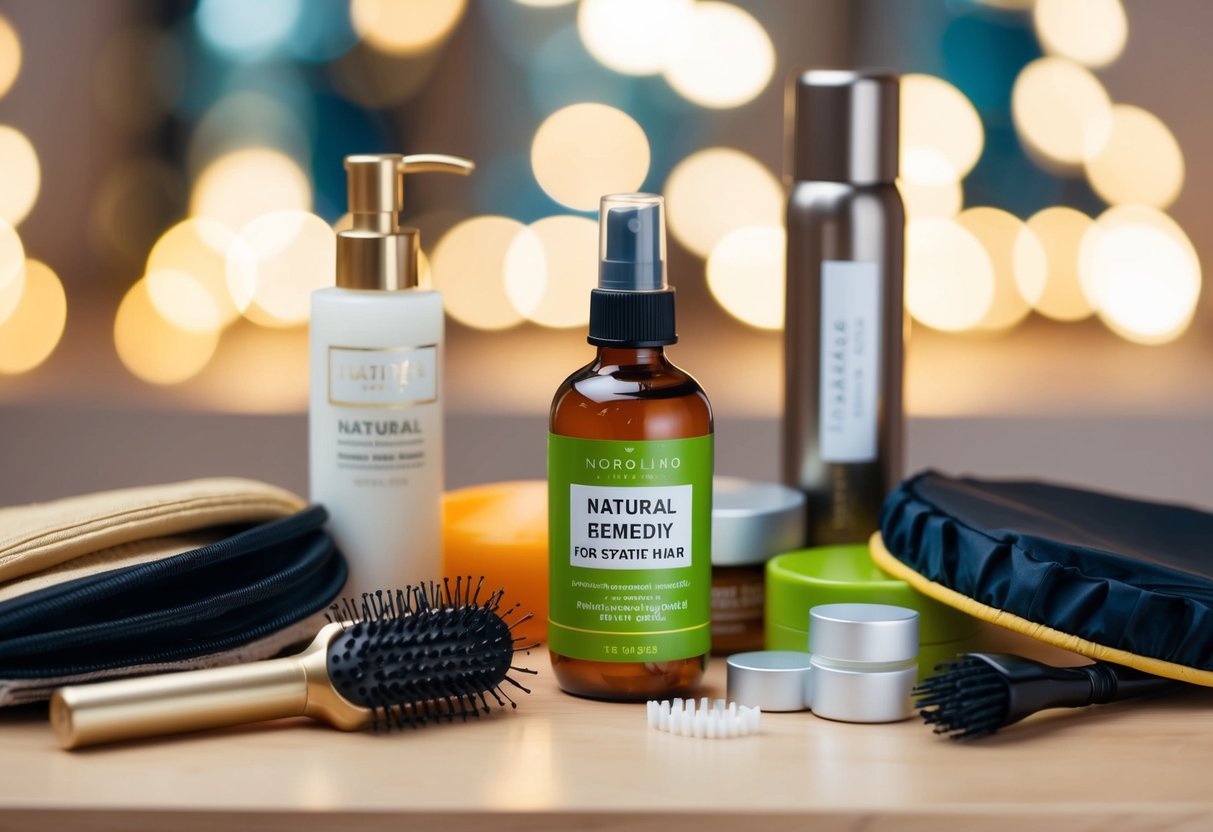 A selection of hair products and accessories laid out on a table, with a bottle of natural remedy for static hair placed prominently in the center