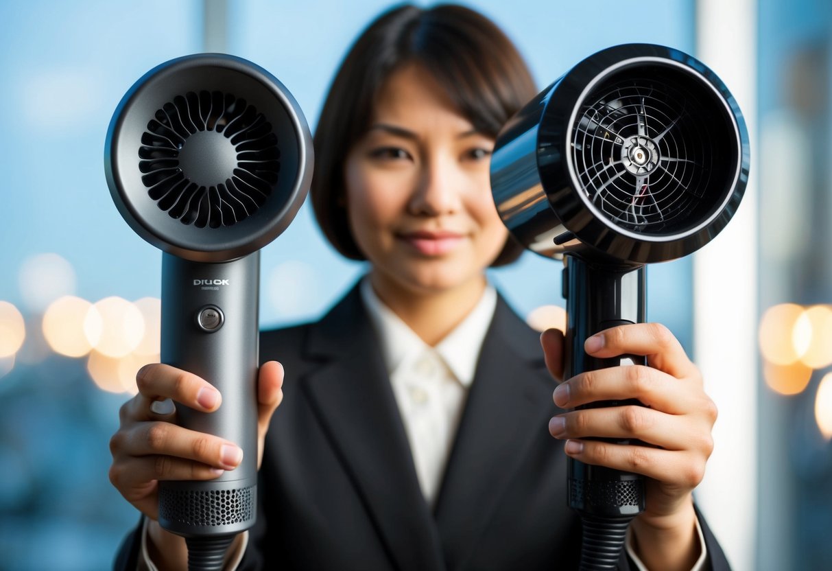 A person holding two different hair dryers, examining their features and comparing them