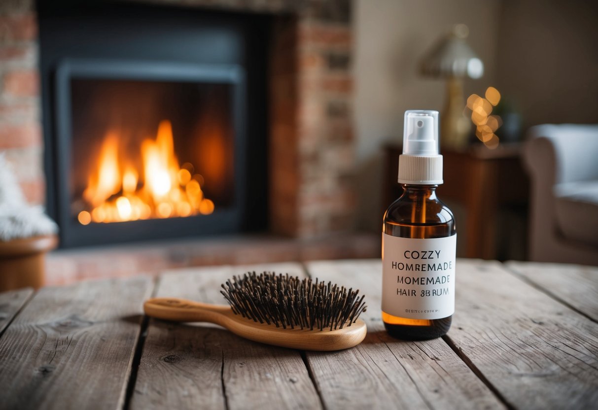 A cozy living room with a crackling fireplace, a vintage hairbrush, and a bottle of homemade hair serum on a rustic wooden table